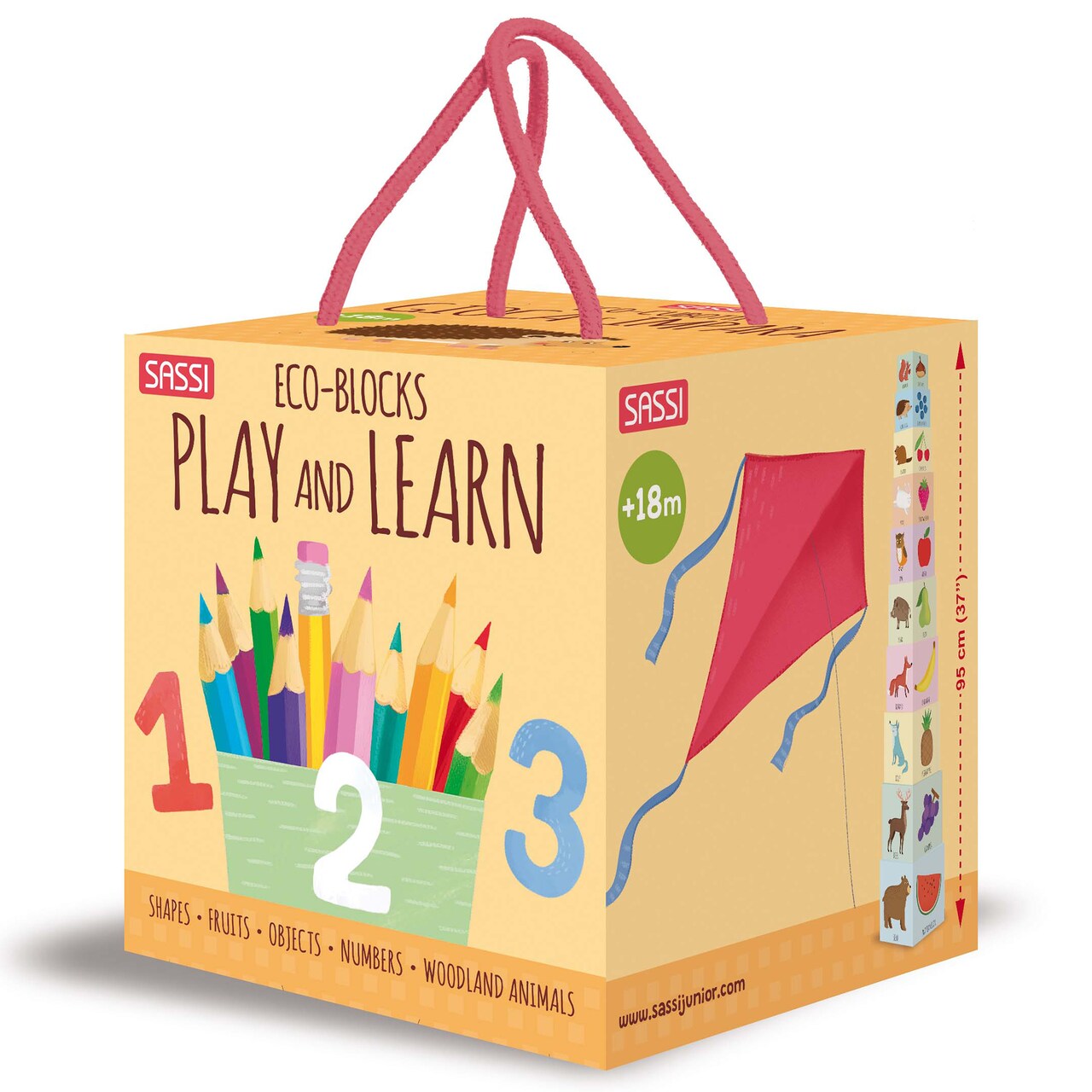 Sassi: Eco-Blocks - Play & Learn - 10 Stacking Cubes & Educational Booklet Set, Shapes-Fruits-Objects-Numbers-Woodland Animals, Kids-Toddlers 18Mo+